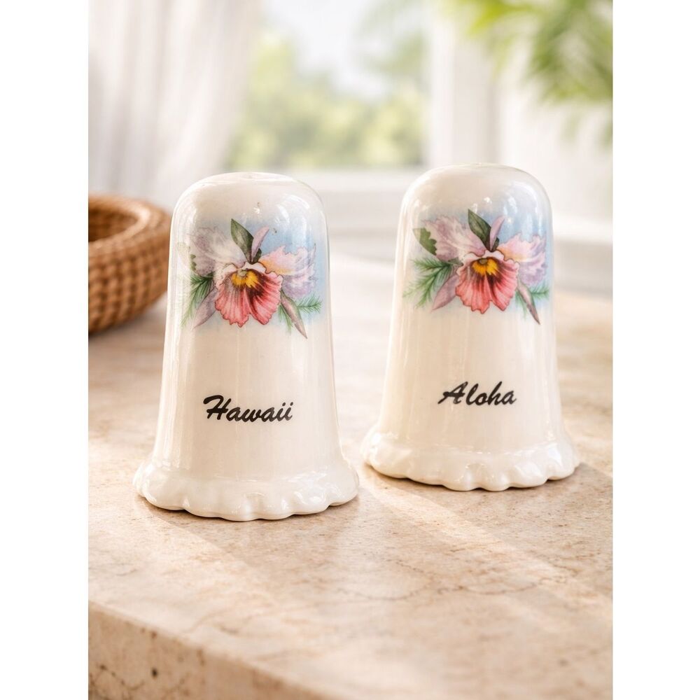 NWOT - Hawaii Salt & Pepper Shakers Ceramic White with Floral Graphic - Aloha